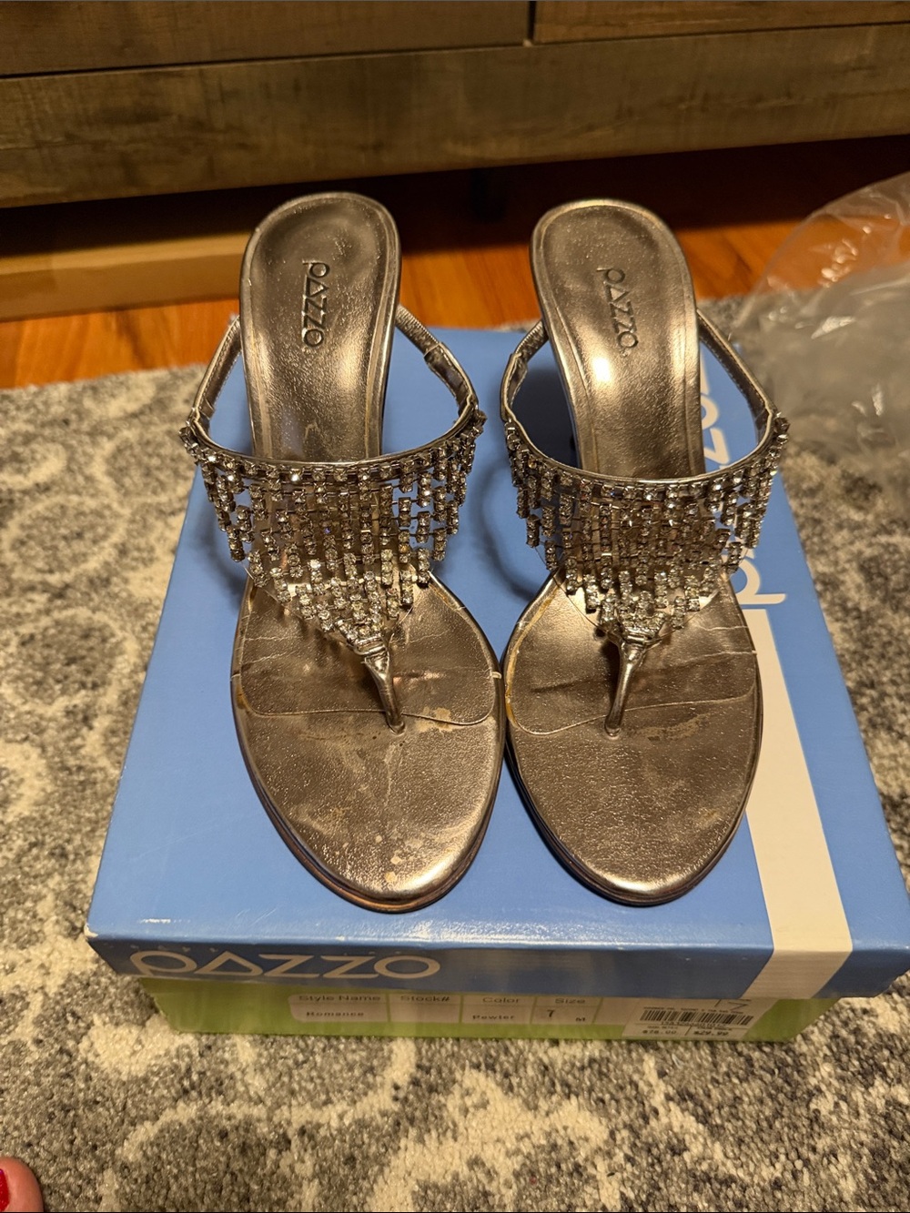 Pazzo Silver Rhinestone T-Strap Evening Sandals